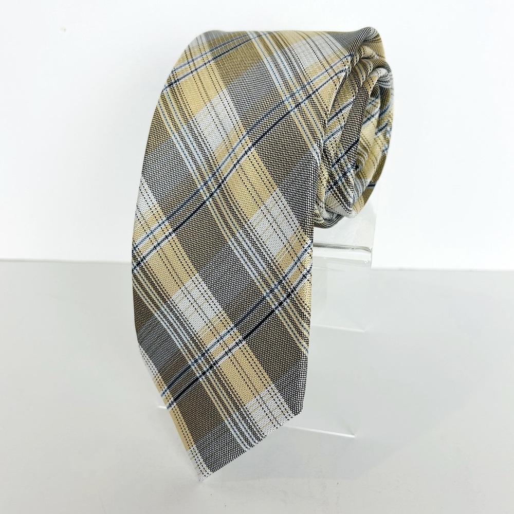 Stafford Performance Necktie Men's Tan Silver Plaid Print 100% Silk 60"